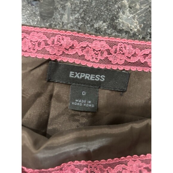 Vintage Y2K EXPRESS Brown Wool Blend Aline Skirt Pink Sequined Lace Trim Size 0 - Picture 2 of 8